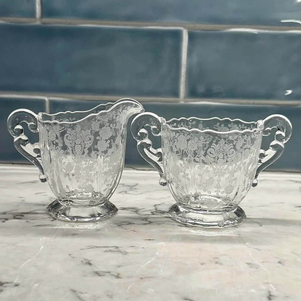 Vintage Cambridge Diane Clear Etched Pressed‎ Glass Sugar Bowl Creamer Set